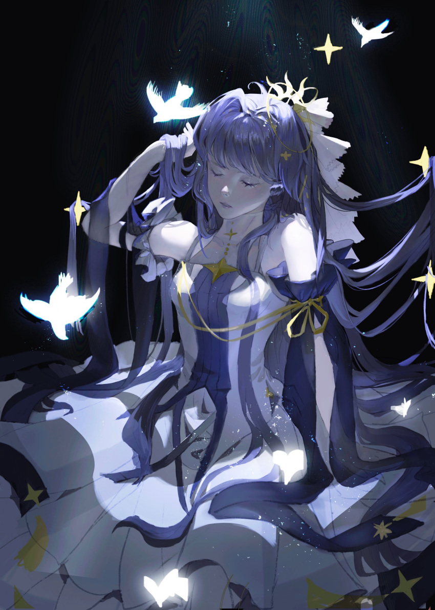 1girl arknights astesia_(arknights) astesia_(frlibre_on_the_palace)_(arknights) baqi7720 bare_shoulders bird black_background blue_hair blue_lips closed_eyes dress hair_lift hand_in_own_hair highres layered_dress lipstick long_hair makeup on_floor ribbon simple_background solo white_dress yellow_ribbon