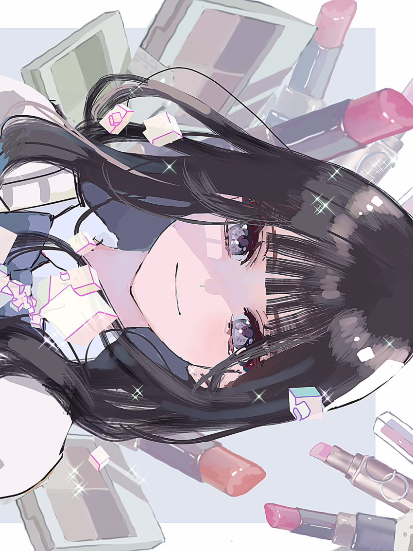 1girl bangs black_hair closed_mouth cosmetics earrings grey_eyes highres jewelry lipstick_tube long_hair looking_at_viewer makeup orange_lipstick_tube original pink_lipstick_tube shiroma_ruka smile solo sparkle upper_body