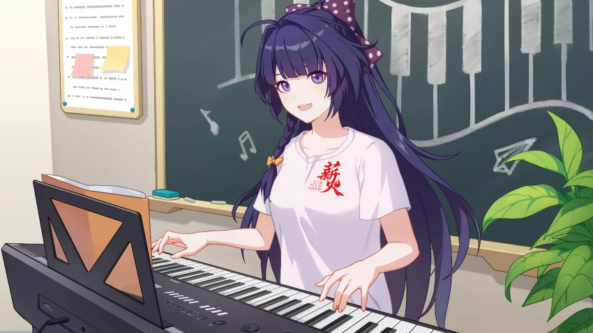 1girl :d ahoge bangs board_eraser bow chalk chalkboard classroom hair_bow highres honkai_(series) honkai_impact_3rd indoors instrument looking_at_viewer official_art open_mouth piano pink_bow purple_bow purple_hair raiden_mei shirt short_sleeves smile solo violet_eyes white_shirt