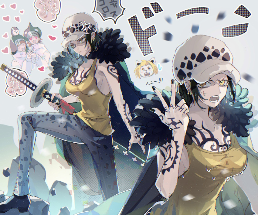 anger_vein arm_tattoo bepo black_nails blue_hair chest_tattoo coat coat_on_shoulders fur_coat genderswap genderswap_(mtf) hand_up hat highres holding holding_sheath holding_sword holding_weapon linch multiple_views nail_polish one_piece open_mouth penguin_(one_piece) shachi_(one_piece) shade sheath sheathed short_hair sword tank_top tattoo trafalgar_law weapon wet wet_clothes yellow_eyes yellow_tank_top