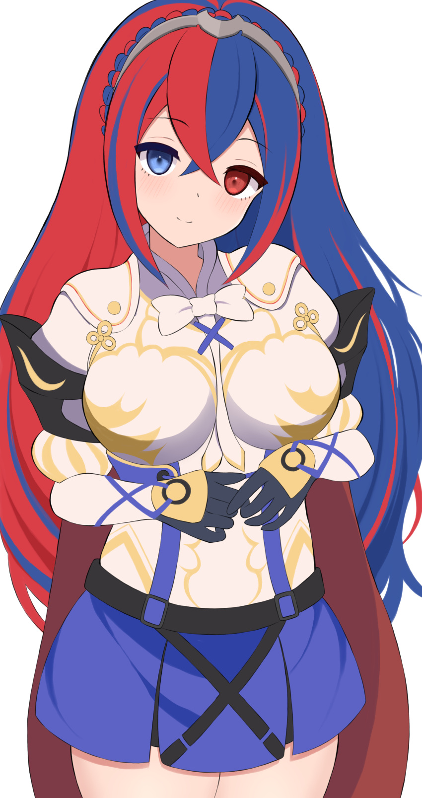 1girl absurdres alear_(fire_emblem) alear_(fire_emblem)_(female) bangs black_gloves blue_eyes blue_hair bow braid breasts cape crossed_bangs crown_braid fire_emblem fire_emblem_engage gloves hair_between_eyes head_tilt heterochromia highres kocha_(jgug7553) light_smile long_hair looking_at_viewer medium_breasts multicolored_hair own_hands_together red_cape red_eyes redhead solo thighs tiara white_bow