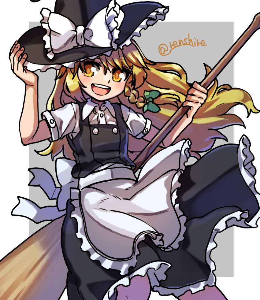1girl :d apron black_headwear black_skirt black_vest blonde_hair border bow braid broom green_bow grey_background hair_bow hat hat_bow highres holding holding_broom kirisame_marisa long_hair looking_at_viewer one-hour_drawing_challenge open_mouth renshirenji shirt side_braid simple_background single_braid skirt smile solo touhou twitter_username vest waist_apron white_border white_bow white_shirt witch_hat yellow_eyes