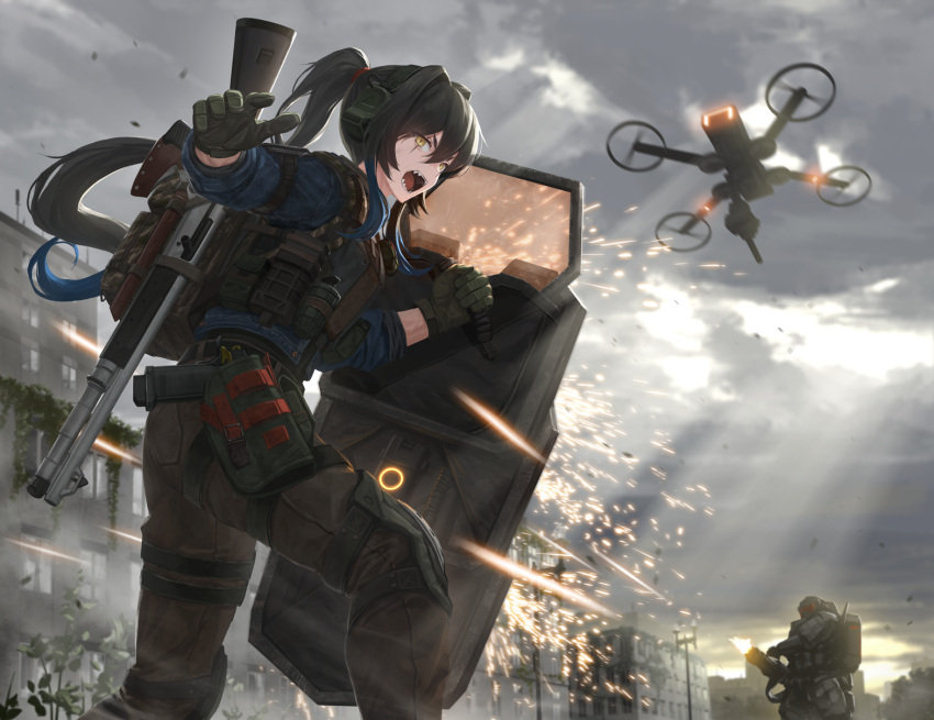 1boy 1girl armor ballistic_shield bangs black_hair brown_pants building commentary_request commission drone explosive gatling_gun gloves green_gloves grenade gun hair_between_eyes headset highres holding holding_shield holster holstered_weapon long_hair minigun open_mouth outdoors overcast pants pixiv_request ponytail shield shotgun tactical_clothes thigh_holster tom-neko_(zamudo_akiyuki) tom_clancy's_the_division tracer_fire weapon yellow_eyes
