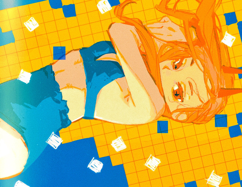 1girl bikini blue_bikini breasts chainsaw_man cross-shaped_pupils hair_over_mouth highres horns long_hair on_floor orange_hair pecopecosupipi power_(chainsaw_man) red_eyes red_horns simple_background small_breasts solo swimsuit tile_floor tiles yellow_background