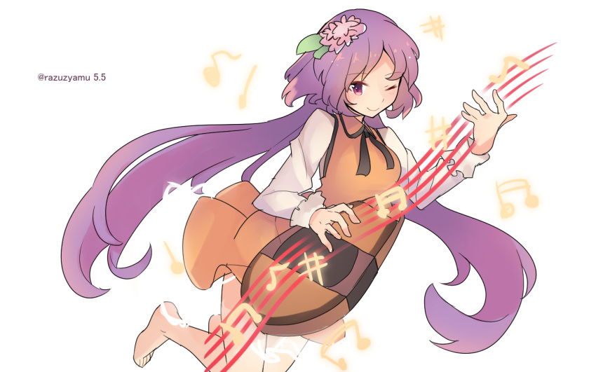 1girl ;) beamed_eighth_notes beamed_sixteenth_notes biwa_lute bow bowtie dress eighth_note flower hair_flower hair_ornament instrument long_hair long_sleeves lute_(instrument) musical_note one_eye_closed purple_hair quarter_note razuzyamu smile solo touhou tsukumo_benben twintails violet_eyes