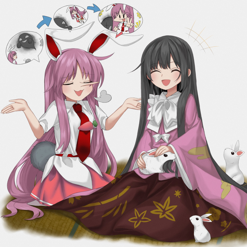 2girls animal animal_ears arm_up arrow_(symbol) bamboo_print bangs belt black_eyes blouse bow bowtie breasts brown_flower brown_skirt carpet carrot_pin closed_eyes cloud_print collared_shirt colored_skin commentary_request floral_print flying frills ghost grey_hair hair_between_eyes hands_up harukawa_moe_(style) highres houraisan_kaguya inaba_mob_(touhou) keiki8296 leaf_print long_hair looking_at_another looking_at_viewer looking_to_the_side looking_up medium_breasts moon_print multiple_girls necktie open_mouth pink_shirt pink_skirt pointy_nose puffy_short_sleeves puffy_sleeves purple_hair rabbit rabbit_tail red_belt red_necktie reisen_udongein_inaba seiza shirt short_sleeves sidelocks simple_background sitting skirt smile speech_bubble sweat sweatdrop tail touhou v v-shaped_eyebrows white_background white_bow white_shirt white_skin