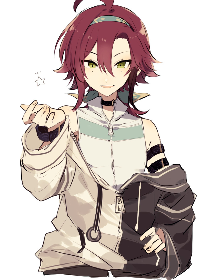 1boy black_choker black_jacket choker finger_heart genshin_impact green_eyes highres jacket long_sleeves looking_at_viewer male_focus mole mole_under_eye multicolored_clothes multicolored_jacket multiple_moles official_art partially_undressed puffy_long_sleeves puffy_sleeves redhead ryu_genshin77 shikanoin_heizou simple_background smile solo two-tone_jacket upper_body vest white_background white_jacket white_vest