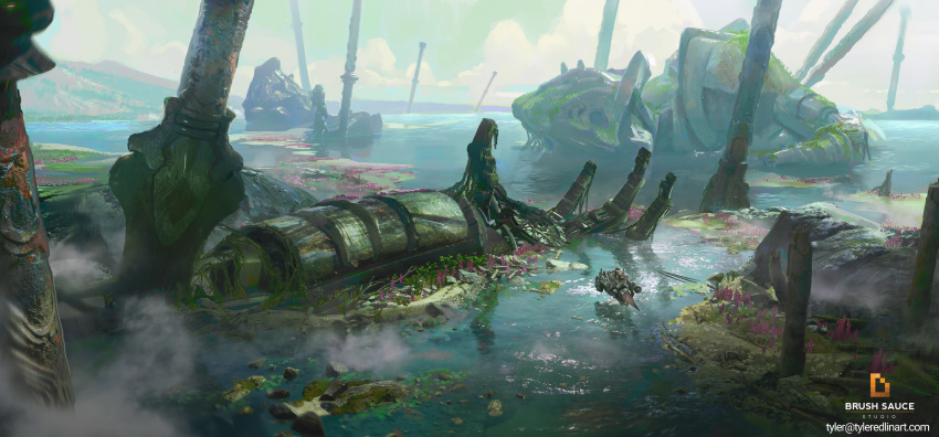 absurdres aircraft battlefield clouds damaged debris dirty english_commentary english_text fog highres hovercraft impaled machinery mecha moss original realistic robot rust science_fiction severed_limb sword tyler_edlin water watercraft weapon wetland wreckage
