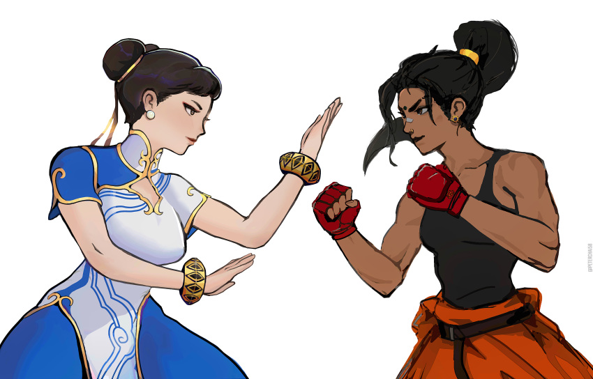 2girls absurdres apex_legends bandaid bandaid_on_face bandaid_on_nose black_hair black_lips black_tank_top blue_dress bracelet brown_eyes china_dress chinese_clothes chun-li clenched_hand collarbone crossover dark-skinned_female dark_skin double_bun dress earrings english_commentary eyebrow_cut eyeshadow facial_mark fighting_stance fingerless_gloves forehead_mark gloves hair_behind_ear hair_bun highres jewelry jumpsuit jumpsuit_around_waist makeup multiple_girls nose_piercing nose_ring open_hands orange_jumpsuit peter_chai piercing ponytail rampart_(apex_legends) red_eyeshadow red_gloves street_fighter street_fighter_6 tank_top white_background