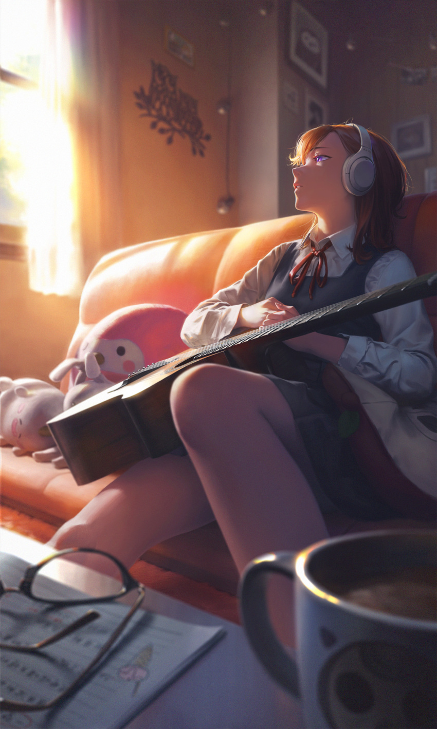 1girl acoustic_guitar bangs blurry brown_hair collared_shirt couch cup curtains depth_of_field dress dress_shirt duplicate glasses grey_dress guitar headphones highres indoors instrument looking_to_the_side love_live! love_live!_superstar!! medium_hair mug namako_mikan neck_ribbon notebook orange_hair parted_lips picture_frame pixel-perfect_duplicate pleated_skirt realistic red_ribbon ribbon school_uniform shibuya_kanon shirt sidelighting sitting skirt stuffed_animal stuffed_toy summer_uniform violet_eyes white_shirt window yuigaoka_music_program_school_uniform yuigaoka_school_uniform