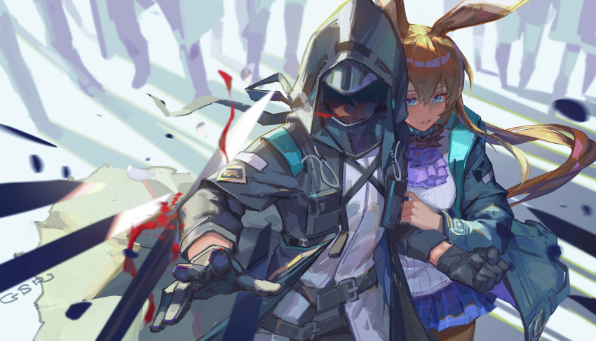 1girl 1other absurdres amiya_(arknights) arknights ascot black_coat black_gloves black_pantyhose blue_ascot blue_collar blue_eyes blue_skirt brown_hair coat collar doctor_(arknights) gloves hair_between_eyes hiding hiding_behind_another highres hood hood_up hooded_coat jewelry mask neck_ring open_clothes open_coat pantyhose plaid plaid_skirt ponytail rui_(gsr1982) shirt sidelocks skirt surrounded sword weapon white_shirt