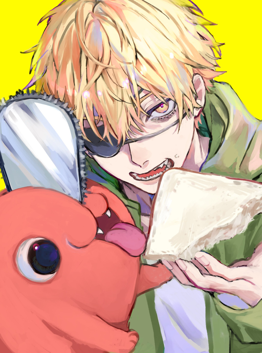 1girl absurdres ancoo_mm bangs blonde_hair bread bread_slice chainsaw chainsaw_man denji_(chainsaw_man) eyepatch fangs food giving highres hood hoodie jacket looking_at_food looking_at_viewer pochita_(chainsaw_man) sharp_teeth short_hair simple_background teeth tongue tongue_out yellow_background yellow_eyes