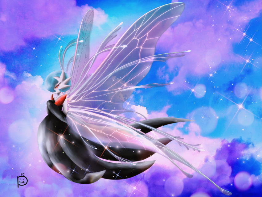1girl above_clouds absurdres alternate_color artist_name bangs bare_shoulders black_dress black_gloves blue_hair blue_sky blurry bob_cut bokeh closed_mouth clouds collarbone colored_skin commentary_request depth_of_field dress elbow_gloves fairy fairy_wings flying from_side full_body gardevoir gloves hair_over_one_eye half-closed_eyes hands_up highres looking_down mega_gardevoir mega_pokemon one_eye_covered own_hands_together pii13 pokemon pokemon_(creature) purple_wings red_eyes shiny_pokemon short_hair signature sky solo sparkle strapless strapless_dress white_skin wings