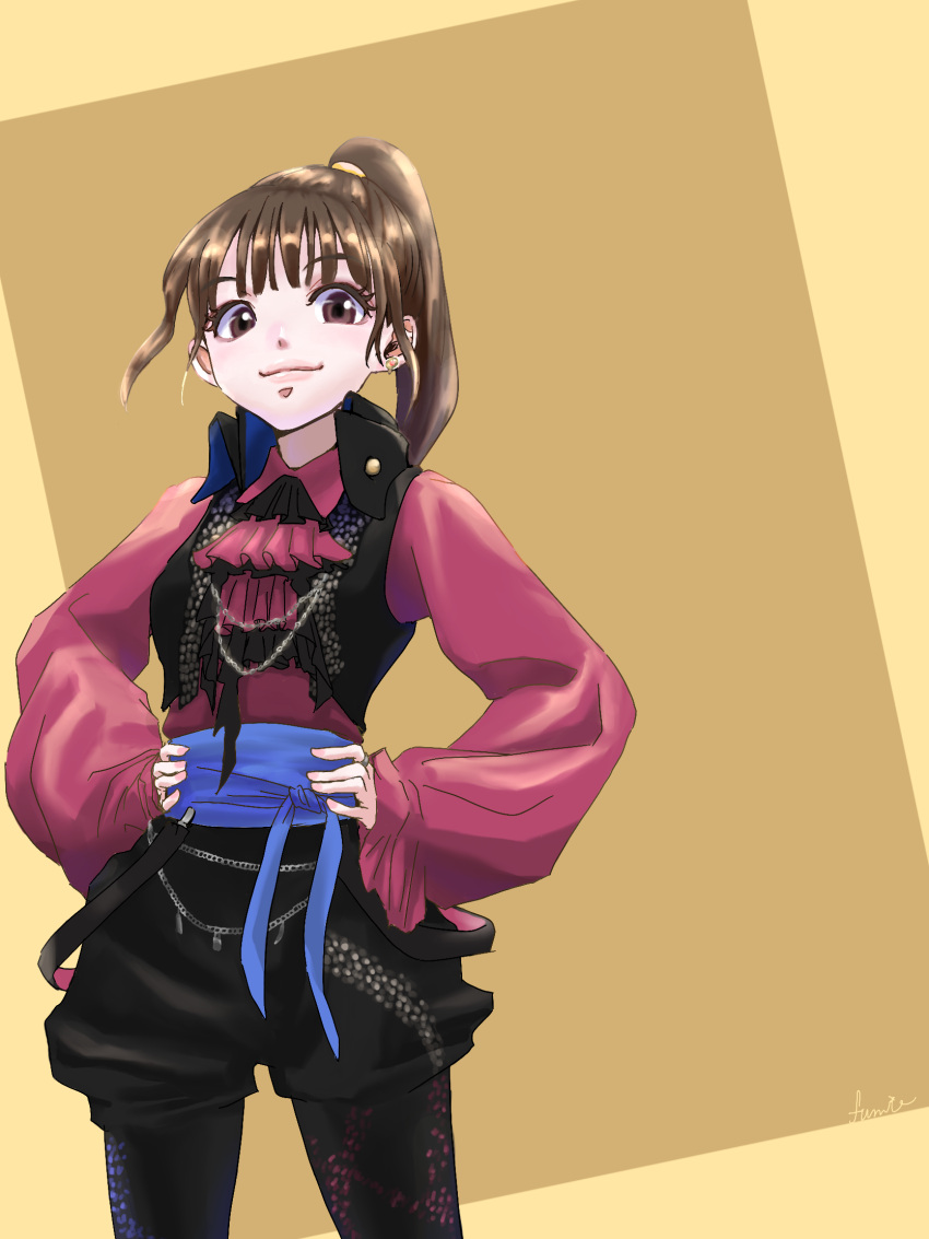 1girl alluring brown_eyes brown_hair flint_goldtsuiker fumi_(artist) highres kikai_sentai_zenkaiger super_sentai tagme