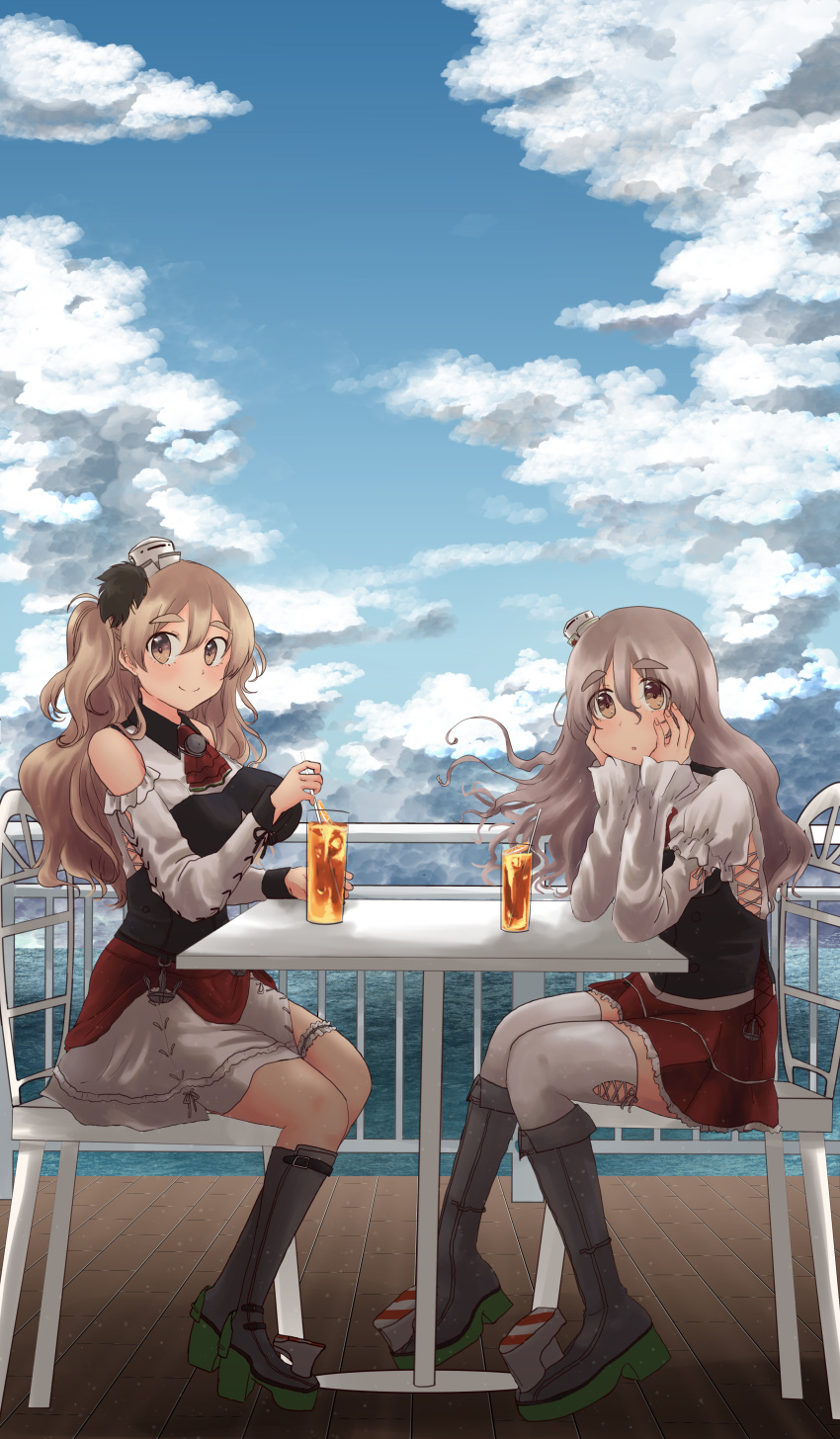 2girls absurdres ascot blonde_hair blush brown_eyes chair closed_mouth clouds cloudy_sky corset cup day drink drinking_glass drinking_straw grey_hair hair_between_eyes hat highres kantai_collection long_hair long_sleeves mini_hat mizunototori multiple_girls parted_lips pola_(kancolle) red_ascot red_skirt rudder_footwear shirt sitting skirt sky smile thigh-highs wavy_hair white_headwear white_shirt white_thighhighs zara_(kancolle) zara_due_(kancolle)