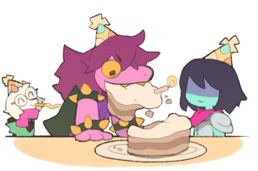 1boy 1girl 1other animal_ears anniversary armor birthday_cake black_vest blue_hair blue_skin bracer cake closed_mouth colored_skin deltarune dinosaur dinosaur_girl eating food goat green_tunic hat kris_(deltarune) party_hat pink_scarf plate purple_hair ralsei reptile_girl scarf susie_(deltarune) temmie_chang undertale vest white_fur yellow_eyes