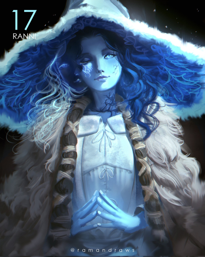 1girl blue_eyes blue_hair blue_skin cape cloak colored_skin cracked_skin elden_ring extra_arms extra_faces fur_cape fur_cloak hat highres large_hat looking_at_viewer ramandraws ranni_the_witch robe twitter_username witch witch_hat