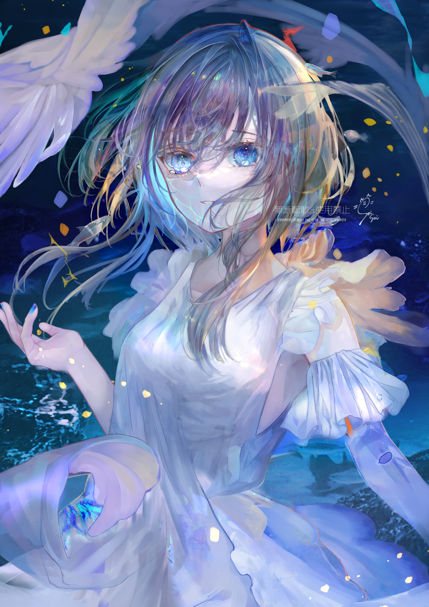 1girl absurdres bangs blue_eyes blue_nails brown_hair chinese_text detached_sleeves dress english_text frilled_dress frilled_sleeves frills highres light_particles long_hair looking_at_viewer original parted_lips seisaiminty sidelocks solo water watermark white_dress