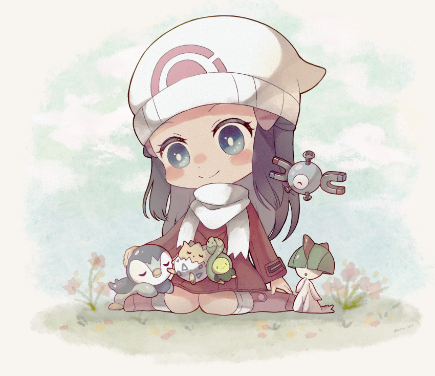 1girl beanie blue_eyes blush boots bright_pupils budew chibi closed_mouth coat commentary_request eyelashes flower hair_ornament hairclip hat headpat highres hikari_(pokemon) kneehighs long_hair long_sleeves magnemite pink_footwear piplup pokemon pokemon_(creature) pokemon_(game) pokemon_dppt pokemon_platinum ralts red_coat scarf sidelocks smile socks togepi weiss_9610 white_headwear white_pupils white_scarf white_socks