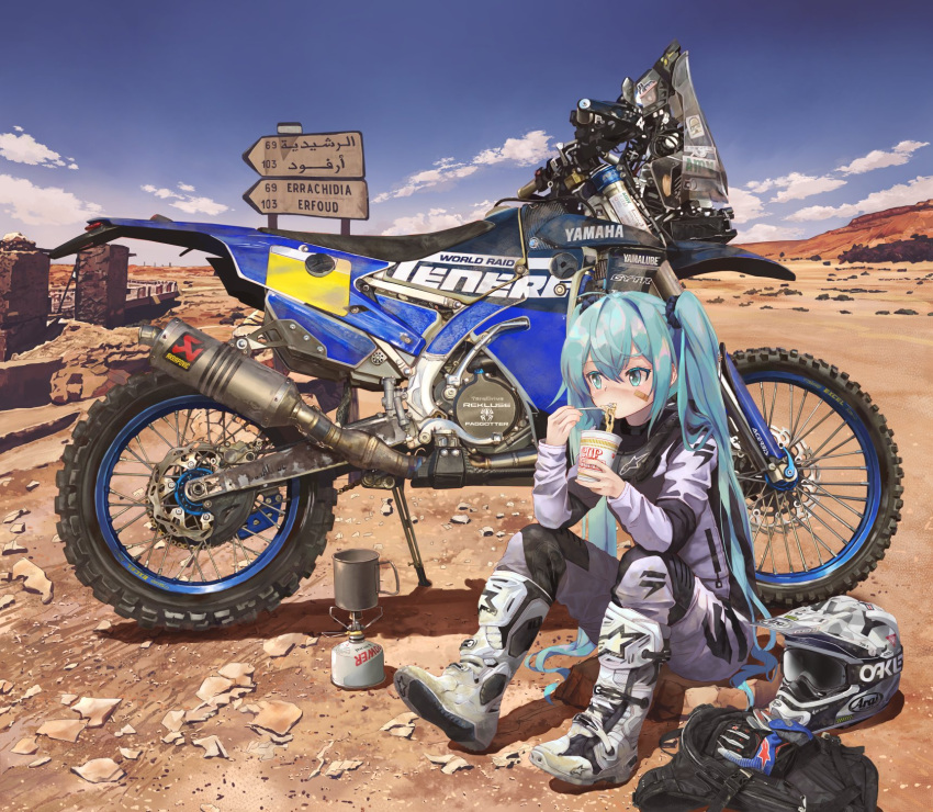 1girl aqua_eyes aqua_hair arabic_text backpack bag bangs blue_sky boots clouds commentary_request cup desert dirtbike eating food fork ground_vehicle hatsune_miku headwear_removed helmet helmet_removed highres holding holding_cup holding_fork instant_ramen knees_up long_hair long_sleeves motor_vehicle motorcycle noodles outdoors ramen road_sign rock shadow sign sitting sky solo takepon1123 twintails vehicle_focus vehicle_request very_long_hair vocaloid white_footwear white_headwear yamaha