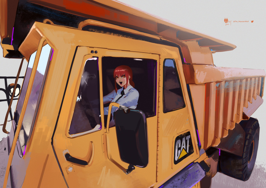 1girl absurdres black_necktie chainsaw_man collared_shirt driving dump_truck ground_vehicle haul_truck highres long_hair looking_at_viewer makima_(chainsaw_man) monster_wolf motor_vehicle necktie open_mouth redhead shirt sidelocks simple_background smile solo truck white_background white_shirt yellow_eyes