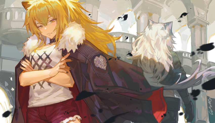 2girls absurdres animal_ears arknights black_collar black_jacket black_nails brown_eyes brown_hair collar crossed_arms facing_away fur-trimmed_jacket fur-trimmed_shorts fur_trim hair_between_eyes highres indra_(arknights) jacket jacket_on_shoulders lion_ears lion_girl long_hair looking_at_viewer multicolored_hair multiple_girls open_clothes open_jacket pillar red_shorts rui_(gsr1982) shirt short_shorts shorts siege_(arknights) streaked_hair studded_collar tiger_ears tiger_girl white_hair white_shirt