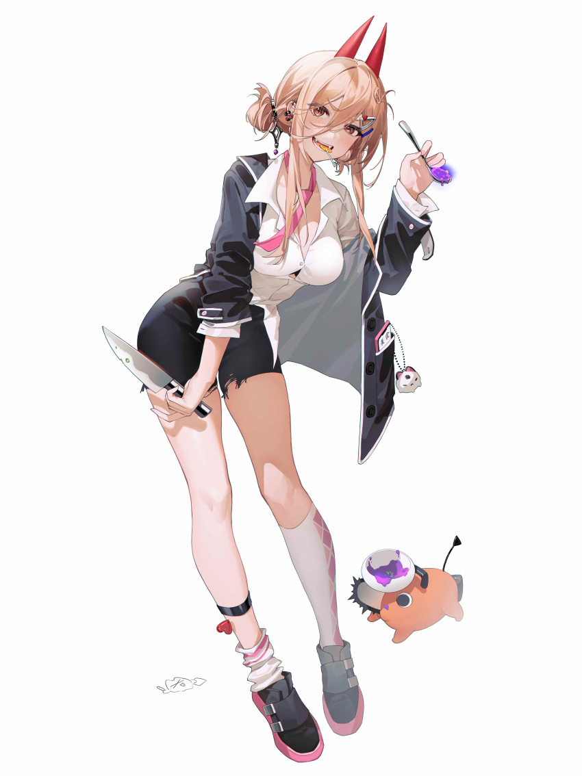 1girl absurdres breasts brown_eyes candy chainsaw_man coat demon_girl demon_horns food hair_bun highres holding holding_knife holding_spoon horns knife long_hair looking_at_viewer mouth_hold open_mouth pink_hair power_(chainsaw_man) shirt simple_background smile solo spoon tangdouji_(machine) white_background white_shirt