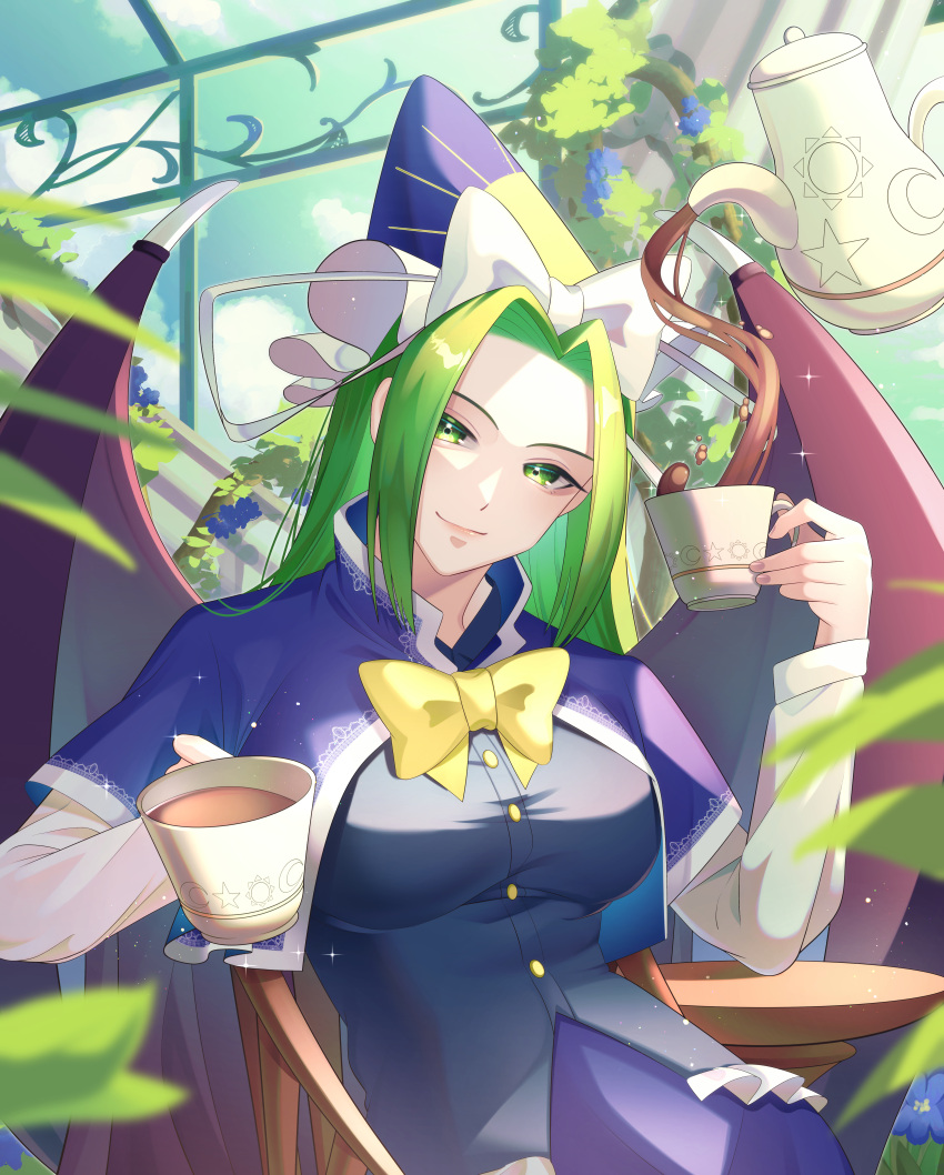 1girl absurdres bangs black_wings blue_capelet blue_headwear blue_skirt blue_vest bow bowtie breasts capelet chain closed_mouth commentary_request cup demon_wings floating floating_object frilled_hat frills green_eyes green_hair guumin happy hat hat_bow head_tilt highres holding holding_cup lips long_sleeves medium_breasts mima_(touhou) mug on_chair parted_bangs sitting skirt smile solo sun_print table teapot touhou touhou_(pc-98) vest white_bow wings wizard_hat yellow_bow yellow_bowtie