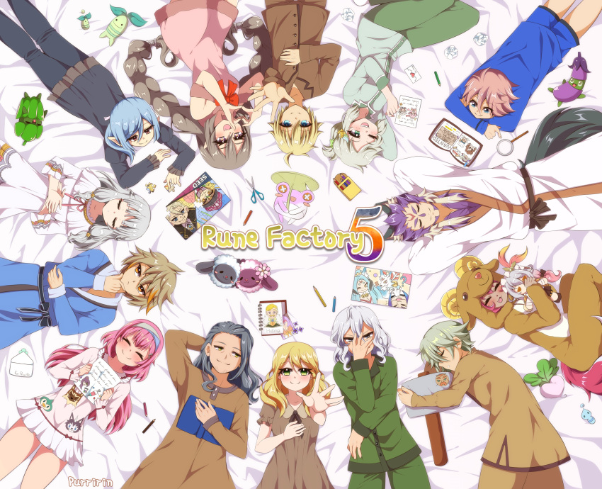 6+boys 6+girls absurdres alice_(rune_factory) animal_hood ares_(rune_factory) bangs beatrice_(rune_factory) black_pajamas bleepufflan blonde_hair blue_eyes blue_hair blush brown_pajamas cecil_(rune_factory) character_doll closed_eyes closed_mouth colored_pencil darroch_(rune_factory) eggplant elsje_(rune_factory) envelope everyone fuuka_(rune_factory) gideon_(rune_factory) green_eyes green_hair green_pajamas green_pepper grey_hair hand_over_face heart heart_hands heinz_(rune_factory) highres hina_(rune_factory) hood jigsaw_puzzle julian_(rune_factory) livia_(rune_factory) long_hair lucas_(rune_factory) lucy_(rune_factory) ludmila lying magnifying_glass martin_(rune_factory) misasagi_(rune_factory) mokomoko_(rune_factory) multiple_boys multiple_girls murakumo_(rune_factory) nightgown no_headwear notebook on_back on_stomach oswald_(rune_factory) pajamas palmo_(rune_factory) pencil pink_hair pointy_ears priscilla_(rune_factory) purple_hair puzzle radea_(rune_factory) randolph_(rune_factory) redhead reinhard_(rune_factory) rune_factory rune_factory_5 ryker_(rune_factory) scarlett_(rune_factory) scissors short_hair simone_(rune_factory) sleepover smile terry_(rune_factory) title toy_hammer turnip violet_eyes white_hair yuki_(rune_factory)