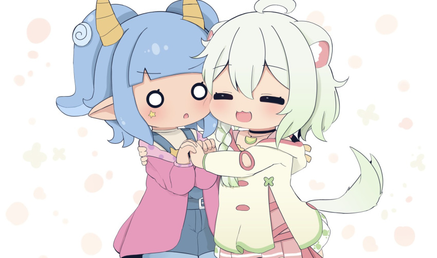 2girls ahoge animal_ear_fluff animal_ears bangs black_choker blue_hair blunt_bangs cheek-to-cheek chibi choker closed_eyes clothing_cutout ferret_girl ferret_tail food fruit gradient_hair hackerling heads_together highres horns indie_virtual_youtuber jacket laimu_(vtuber) light_blush light_green_hair lime_(fruit) marking_on_cheek multicolored_hair multiple_girls o_o patterned_background paw_print pink_jacket pointy_ears single_tooth star_(symbol) tail twintails vinesauce virtual_youtuber zdrq3