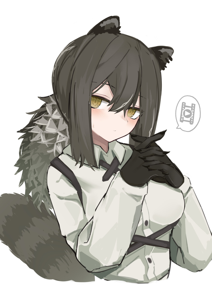 1girl absurdres animal_ears arknights bangs black_hair black_nails black_skin blush closed_mouth collared_shirt colored_skin cross_tie fingernails freckles hair_between_eyes highres kitorakito long_fingernails long_hair long_sleeves looking_at_viewer multicolored_hair own_hands_together raccoon_ears raccoon_girl raccoon_tail revision robin_(arknights) sharp_fingernails shirt sidelocks simple_background solo speech_bubble streaked_hair tail upper_body white_background white_hair white_shirt yellow_eyes