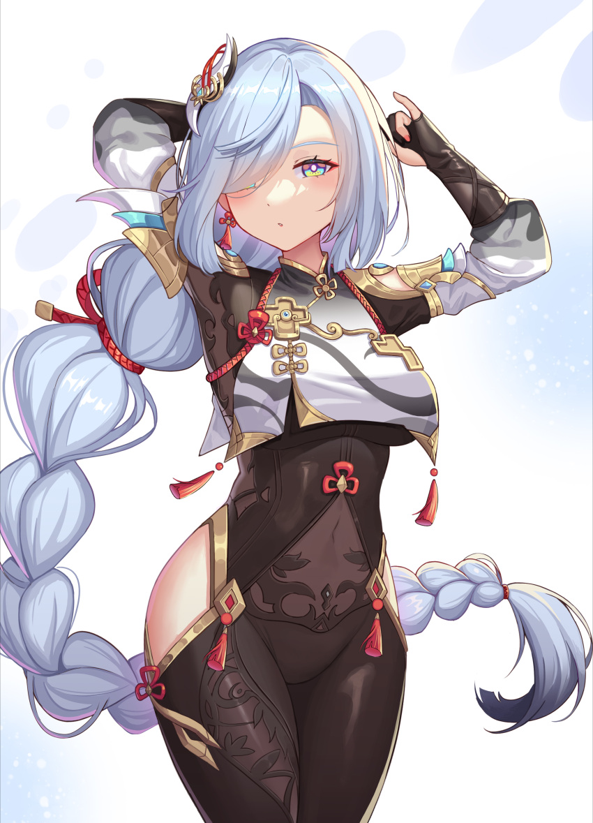 1girl absurdres arms_up bangs black_pantyhose blue_eyes blue_hair braid braided_ponytail breasts chinese_clothes eyebrows_hidden_by_hair genshin_impact hair_over_one_eye highres kensei_(ciid) long_bangs long_hair looking_at_viewer open_mouth pantyhose ponytail shenhe_(genshin_impact) simple_background solo very_long_hair white_background