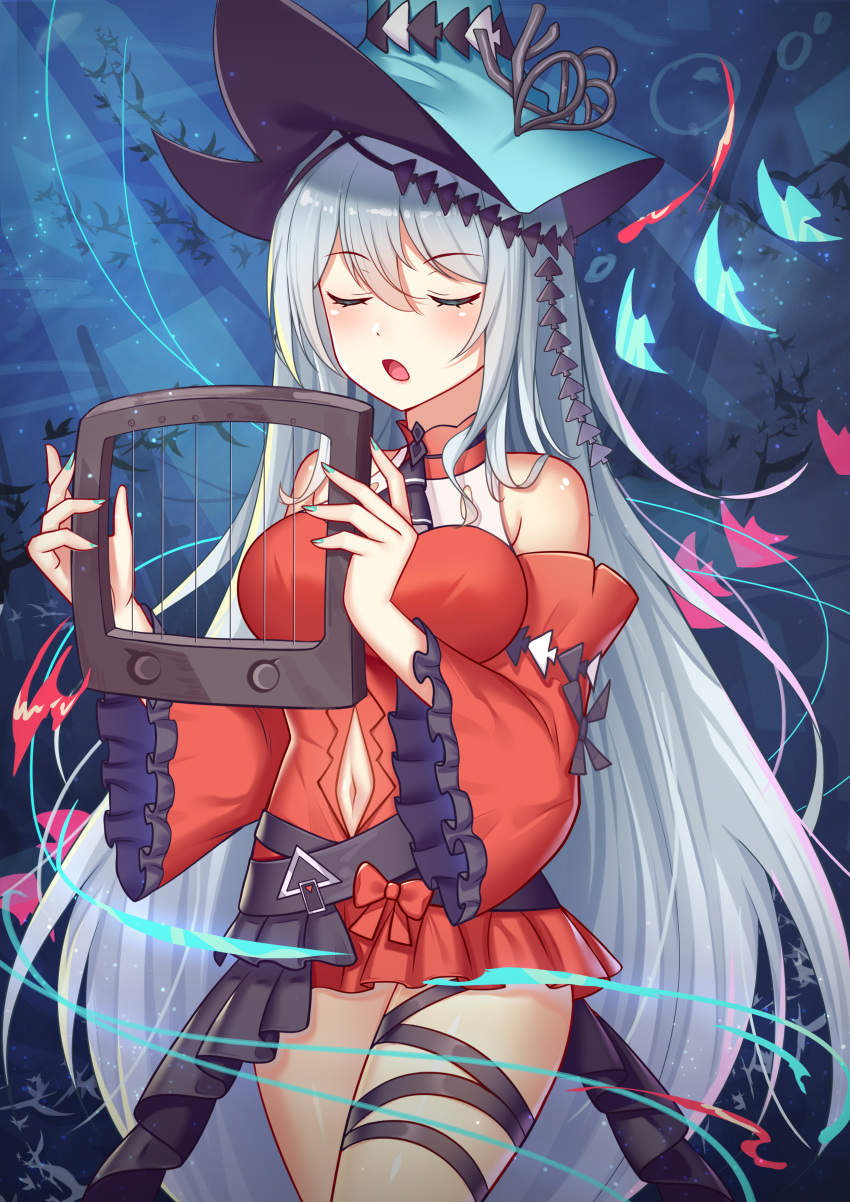 1girl absurdres arknights bangs belt closed_eyes dress fish grey_hair hair_between_eyes hat highres holding kensei_(ciid) leg_belt long_hair ocean open_mouth red_dress short_dress skadi_(arknights) skadi_the_corrupting_heart_(arknights) solo standing underwater very_long_hair