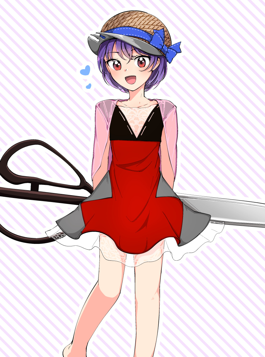 1girl absurdres alternate_costume alternate_headwear arms_behind_back bangs barefoot blue_bow blush bow brown_headwear collarbone commentary_request dress hair_between_eyes hat hat_bow heart highres kaisenpurin long_sleeves looking_at_viewer open_clothes open_mouth open_vest pink_vest purple_background purple_hair red_dress red_eyes scissors see-through see-through_vest short_hair sleeveless sleeveless_dress smile solo standing striped striped_background sukuna_shinmyoumaru tongue touhou vest white_background