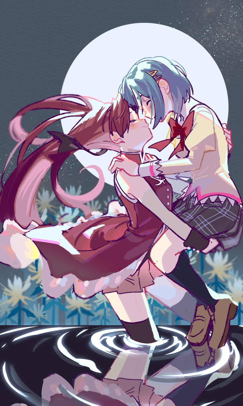 2girls absurdres black_bow black_socks black_thighhighs blue_hair blush bow brown_footwear carrying carrying_person closed_eyes dress forehead-to-forehead full_moon hand_on_back hands_on_another's_shoulders heads_together highres kneehighs loafers long_hair mahou_shoujo_madoka_magica medium_hair miki_sayaka mitakihara_school_uniform moon multiple_girls night red_dress red_skirt redhead sakura_kyouko school_uniform shoes skirt smile socks thigh-highs thighs wading water yooki_(winter_cakes)
