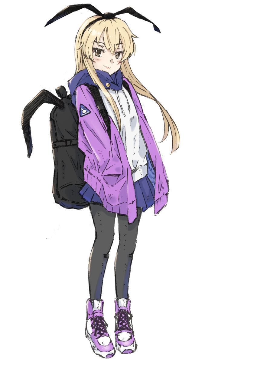 1girl alternate_costume backpack bag black_hairband black_pantyhose blonde_hair blue_skirt commentary_request drawstring full_body grey_eyes hairband hands_in_pockets highres hood hooded_sweater hoodie jacket kantai_collection ld_(luna_dial398) long_hair looking_at_viewer one-hour_drawing_challenge open_clothes open_jacket pantyhose pink_footwear pink_jacket pleated_skirt shimakaze_(kancolle) shoes skirt sneakers solo standing sweater white_sweater
