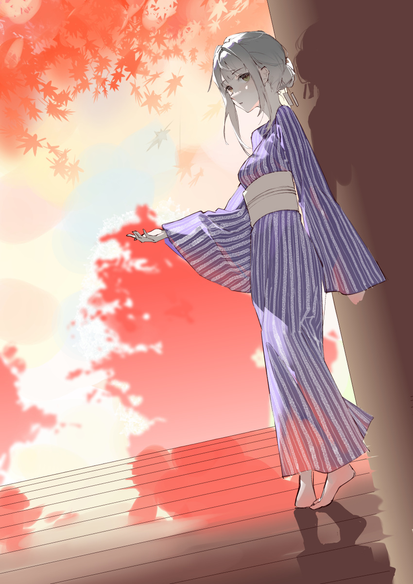1girl absurdres arm_at_side autumn_leaves barefoot breasts brown_eyes full_body grey_hair hair_bun hair_ornament highres japanese_clothes kimono leaf long_hair looking_at_viewer maple_leaf mo011010 obi original outstretched_arm parted_lips purple_kimono sash shadow sidelocks small_breasts solo striped striped_kimono vertical-striped_kimono vertical_stripes wide_sleeves wooden_floor