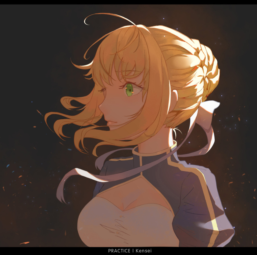 1girl absurdres ahoge artoria_pendragon_(fate) bangs blonde_hair braid breasts dress eyebrows_hidden_by_hair fate/grand_order fate/stay_night fate/zero fate_(series) from_side green_eyes highres kensei_(ciid) looking_away looking_to_the_side saber solo upper_body