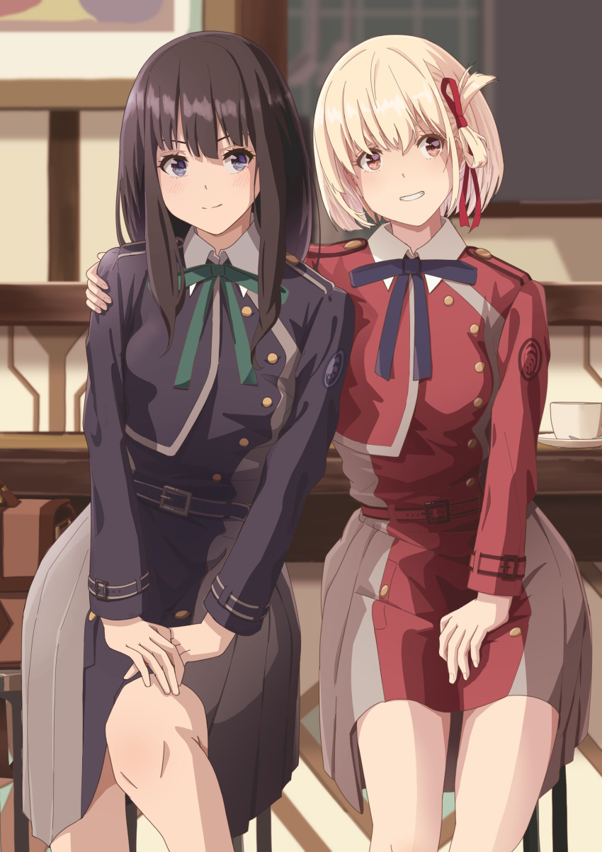2girls absurdres bangs belt black_hair blonde_hair blue_dress blue_ribbon bob_cut closed_mouth collared_shirt commentary_request dated_commentary dress green_ribbon grey_dress hair_ribbon hand_on_another's_shoulder highres inoue_takina long_hair long_sleeves lycoris_recoil lycoris_uniform matebashi multiple_girls neck_ribbon nishikigi_chisato pleated_dress red_belt red_dress red_eyes red_ribbon ribbon shadow shirt short_hair smile two-tone_dress violet_eyes white_shirt