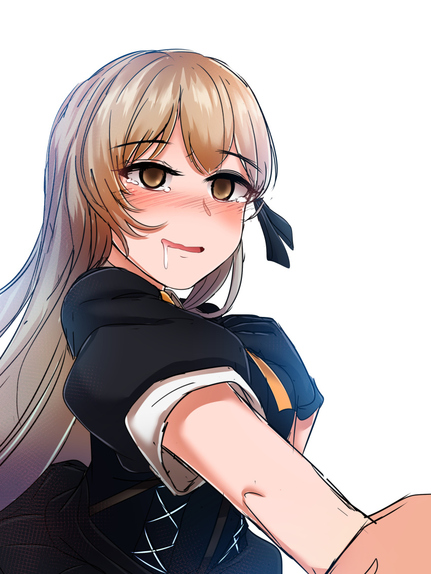 1girl absurdres blonde_hair blush brown_eyes crying crying_with_eyes_open drooling earrings girls_frontline gun handgun highres holding_hands jewelry long_hair ppk_(girls'_frontline) puffy_short_sleeves puffy_sleeves short_sleeves smile solo_focus tears very_long_hair walther walther_ppk weapon yellowseeds
