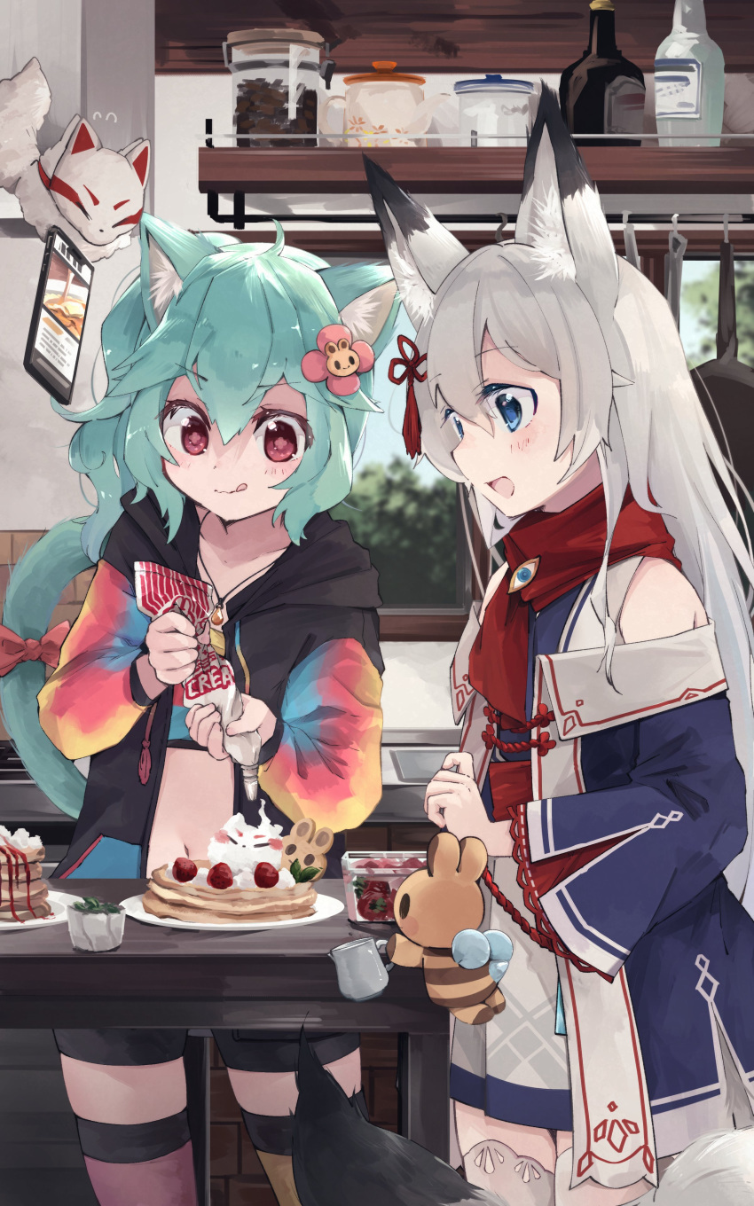 2girls :d :q absurdres animal_ears aqua_hair black_shorts blue_eyes cat_ears cat_girl cat_tail cellphone commission cream creature food fox_ears fox_girl fox_mask fox_tail highres hood hood_down hoodie indie_virtual_youtuber jar long_hair long_sleeves mask medium_hair multicolored_sleeves multiple_girls nanana_(nanana_iz) navel off-shoulder_coat off_shoulder open_clothes open_hoodie original pancake pastry_bag phone pink_eyes rosedoodle_(vtuber) scarf second-party_source shorts skeb_commission smartphone smile tail thigh-highs tongue tongue_out v-shaped_eyebrows virtual_youtuber whipped_cream white_hair wide_sleeves