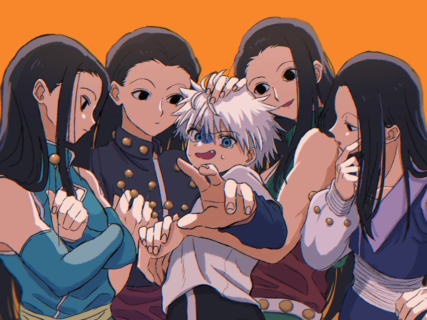 5boys black_eyes black_hair blue_eyes brothers crossed_arms detached_sleeves empty_eyes expressionless hair_slicked_back hand_on_another's_head hand_on_own_face hands_up highres holding holding_needle holding_weapon hunter_x_hunter illumi_zoldyck killua_zoldyck long_hair long_sleeves male_focus multiple_boys multiple_persona needle no_bangs scared siblings smile sweatdrop thicopoyo turn_pale weapon white_hair