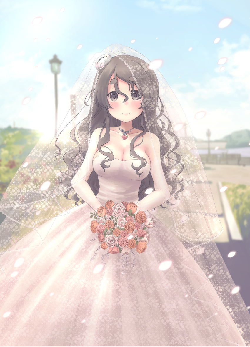 absurdres alternate_costume blue_sky bouquet breasts bridal_veil brown_eyes clouds day dress elbow_gloves flower gloves grey_hair hair_between_eyes hat heart_lock_(kantai_collection) highres holding holding_bouquet jewelry kantai_collection large_breasts long_hair looking_at_viewer mini_hat mizunototori necklace outdoors pink_flower pink_rose pola_(kancolle) red_flower red_rose rose sky smile standing strapless strapless_dress tilted_headwear veil wavy_hair wedding wedding_dress white_dress white_flower white_gloves white_rose