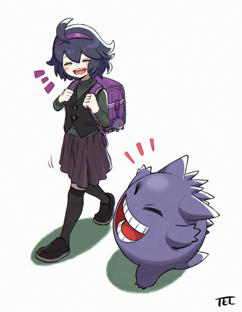 1girl :d aged_down ahoge backpack bag bangs black_footwear black_hair black_vest blush closed_eyes commentary_request gengar green_sweater hairband happy hex_maniac_(pokemon) highres holding_strap kuronetel medium_hair notice_lines open_mouth over-kneehighs pleated_skirt pokemon pokemon_(creature) pokemon_(game) pokemon_xy purple_bag purple_hairband purple_skirt randoseru shoes signature skirt smile standing sweater teeth thigh-highs tongue vest white_background