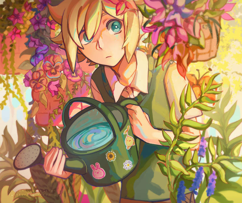 1boy absurdres basil_(omori) blonde_hair blue_eyes brown_shorts closed_mouth collarbone collared_shirt expressionless flower forest_bunny_(omori) green_sweater_vest hair_flower hair_ornament highres holding holding_watering_can looking_at_viewer omori shirt short_hair short_sleeves shorts solo sprout_mole sticker sweater_vest sweetk1tten twitter_username vkontakte_username water watering_can web_address white_shirt