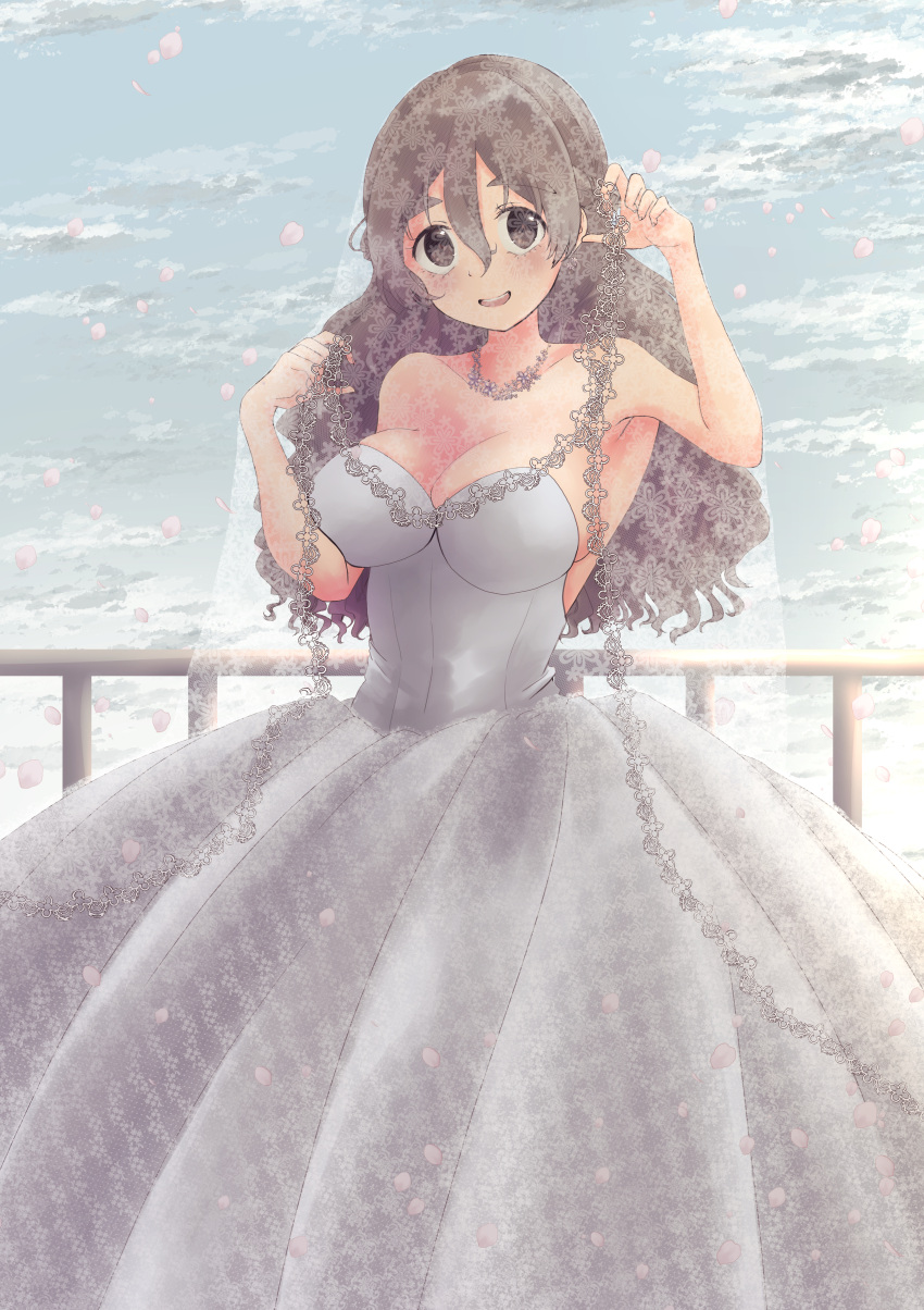 1girl absurdres alternate_costume breasts bridal_veil brown_eyes dress grey_hair hair_between_eyes highres jewelry kantai_collection large_breasts long_hair looking_at_viewer mizunototori necklace outdoors pola_(kancolle) railing sky smile solo standing strapless strapless_dress veil wavy_hair wedding_dress white_dress