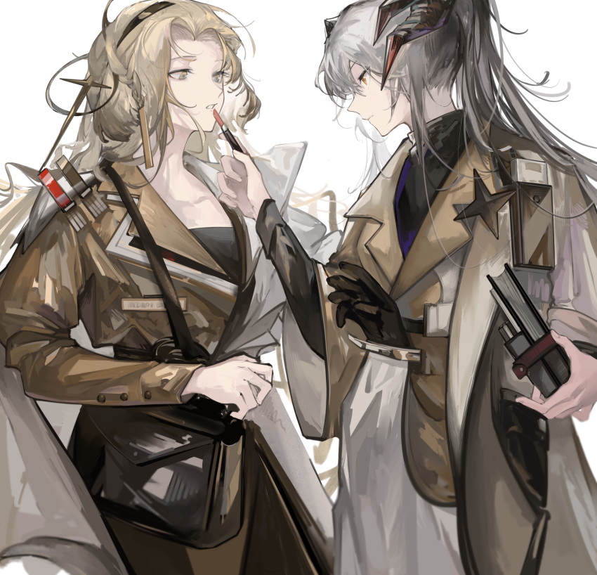 2girls absurdres alternate_costume animal_ears applying_makeup arknights black_hairband black_shirt black_skirt brown_jacket commission cosmetics cowboy_shot dog_ears dragon_horns floppy_ears grey_hair hairband highres holding holding_lipstick_tube horns jacket kirsten_(arknights) light_brown_hair lipstick_tube long_hair long_sleeves multiple_girls naijiaer orange_eyes ponytail saria_(arknights) second-party_source shirt simple_background skirt white_background white_skirt