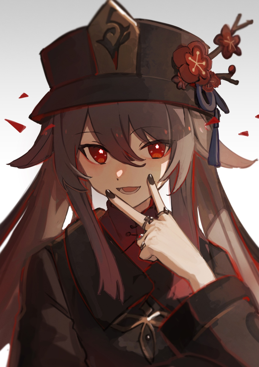 1girl :d bangs bead_bracelet beads black_headwear black_nails bracelet bright_pupils brown_hair chinese_clothes commentary_request flower flower-shaped_pupils genshin_impact hair_between_eyes hat hat_flower highres hu_tao_(genshin_impact) jewelry kuunog long_hair long_sleeves looking_at_viewer lower_teeth multiple_rings nail_polish open_mouth plum_blossoms porkpie_hat red_eyes ring sidelocks smile solo symbol-shaped_pupils talisman teeth twintails upper_body v