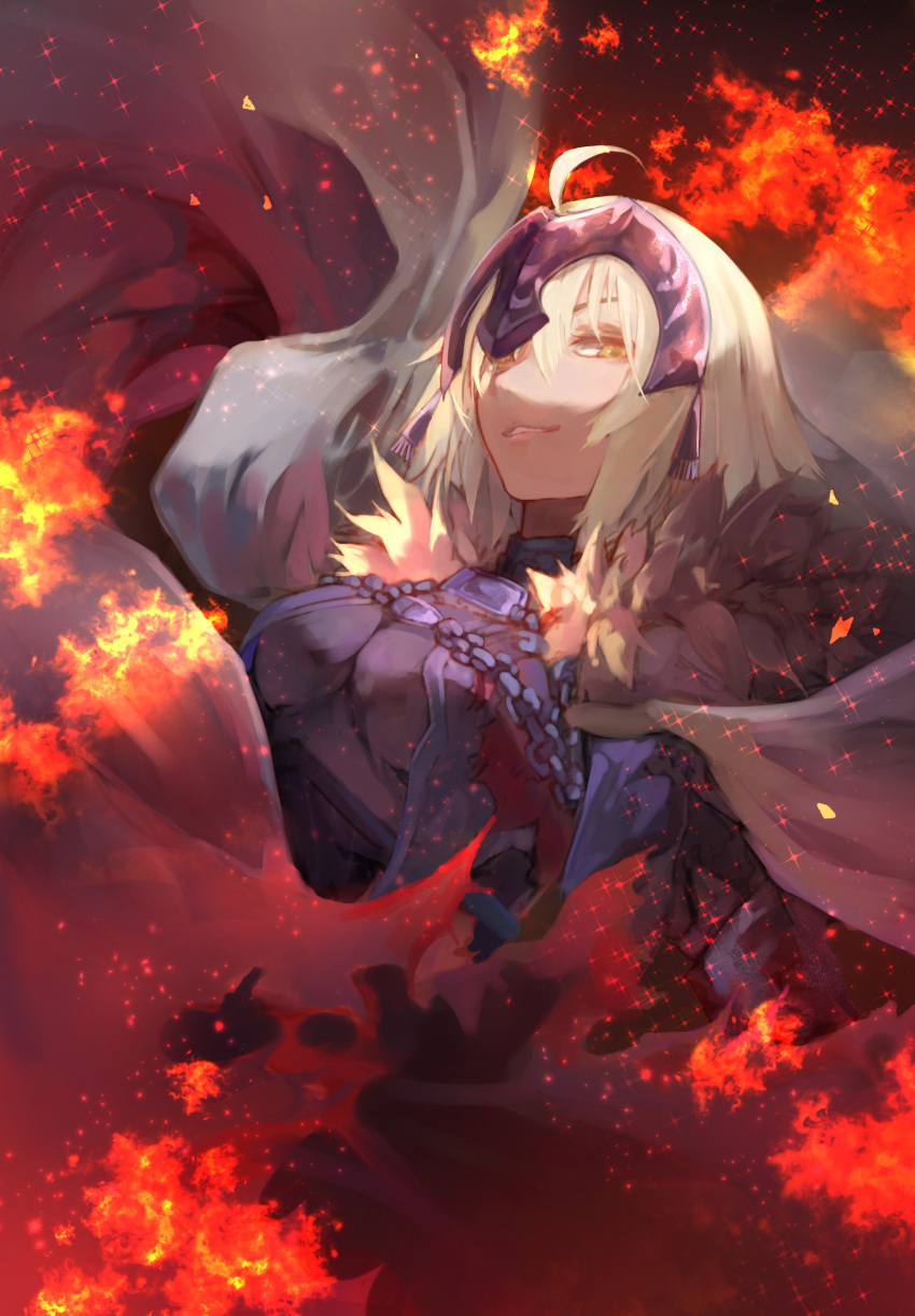 1girl ahoge bangs blonde_hair breasts chain cloak eyebrows_hidden_by_hair fate/grand_order fate_(series) fire flame hair_between_eyes headpiece highres jeanne_d'arc_alter_(avenger)_(fate) jeanne_d'arc_alter_(fate) looking_at_viewer open_mouth saitogiulio short_hair smile solo upper_body yellow_eyes