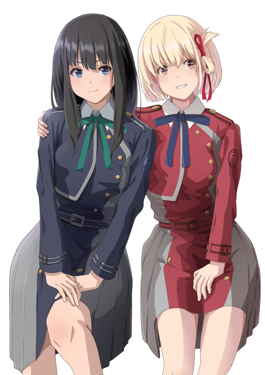 2girls absurdres bangs belt black_hair blonde_hair blue_dress blue_ribbon bob_cut closed_mouth collared_shirt commentary_request dated_commentary dress green_ribbon grey_dress hair_ribbon hand_on_another's_shoulder highres inoue_takina long_hair long_sleeves lycoris_recoil lycoris_uniform matebashi multiple_girls neck_ribbon nishikigi_chisato pleated_dress red_belt red_dress red_eyes red_ribbon ribbon shirt short_hair simple_background smile two-tone_dress violet_eyes white_background white_shirt